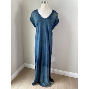 NEW Bella Dahl Womens Medium Arctic Blue V Neck Maxi Shirt Dress Short Sleeve